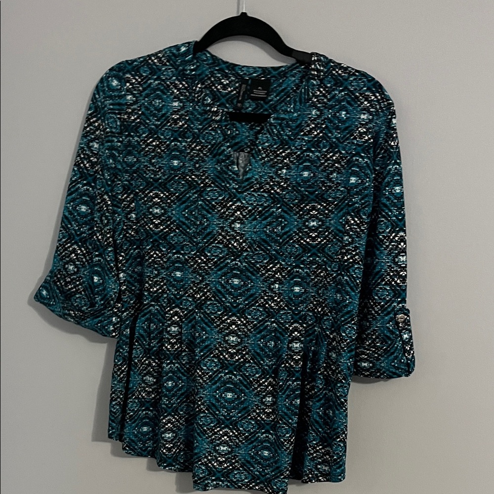 New Directions Teal and Black Patterned Blouse